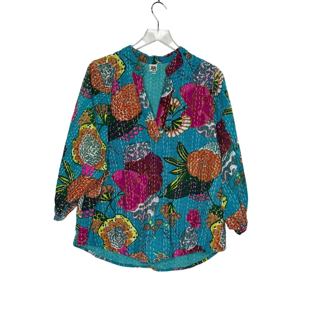 Ivy Jane Kantha Stitched Button Front Top ML Multicolor Floral Blue Hippie Boho
